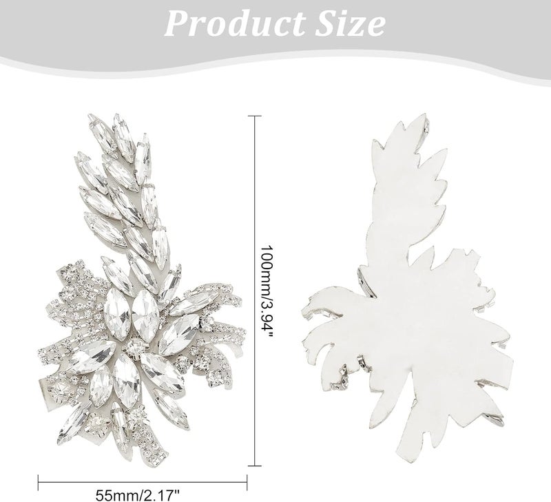 FINGERINSPIRE 2PCS Flower Crystal Applique Patch (Platinum, 3.9x2.2 inch) Flower Leaf Glass Rhinestones Applique Sew on Patch, Wedding Bridal Belt Applique DIY Embellishments for Costumes, Shoes - Image 2